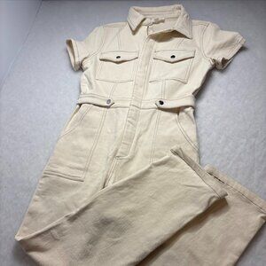 Retro Jumpsuit Ivory, Brown Stitching Snap Pockets Cotton Spandex Women's M